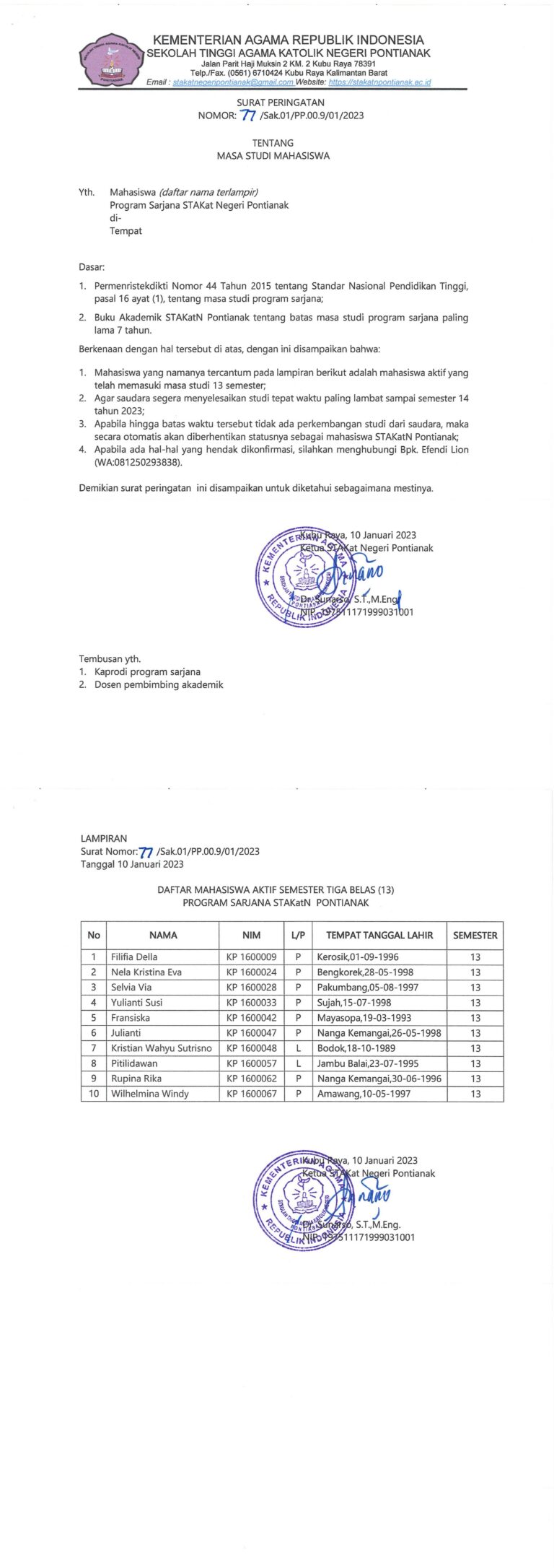 SURAT PERINGATAN MASA STUDI
